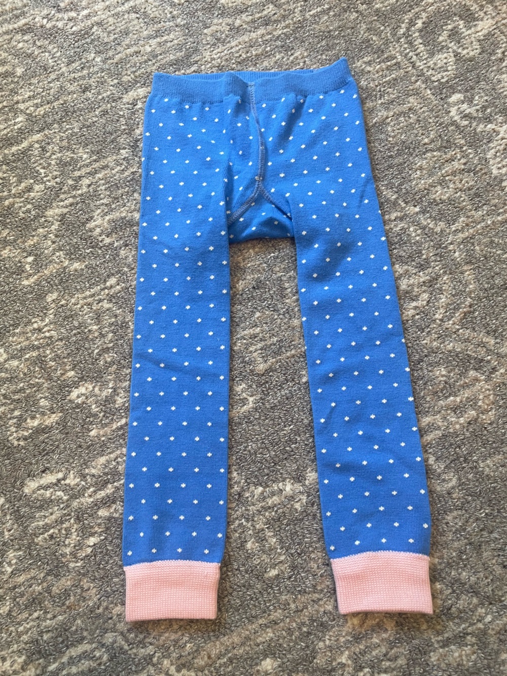 Baby Boden Blue Polka Dot knit tights/leggings with Pink Cuffs and duck on back